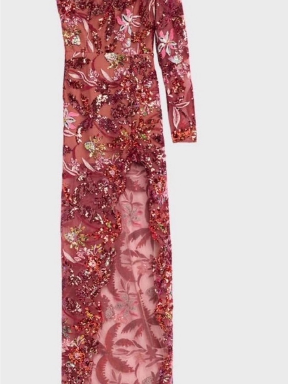 Bronx and Banco Burgundy One-Shoulder Sequin Floral Gown - Picture 2 of 5